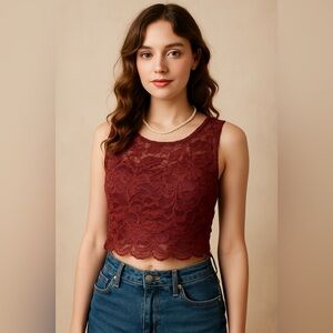 City Triangles Burgundy Lace Floral Crop Top Juniors 15 Scalloped Hem Party